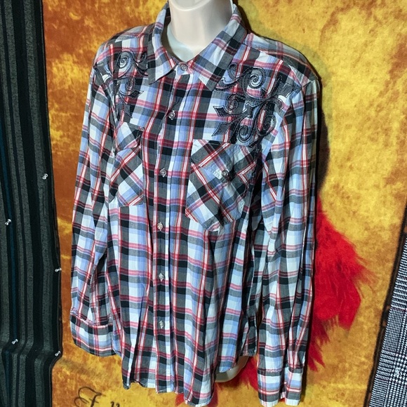 POP ICON-plaid flannel long sleeve stitch-embroidered design button-up shirt - Picture 2 of 10
